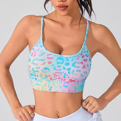 Women's summer floral print sports bra with thin cross straps and comfortable fit