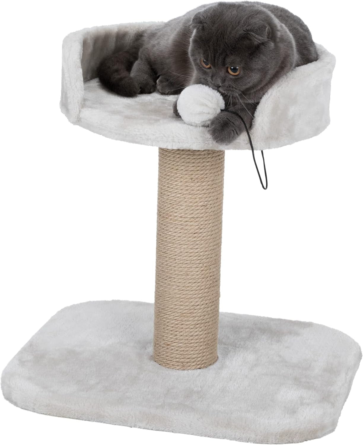 Mica Cat Scratching Post 18.1 Inch - Cat Scratcher with Soft Fabric Covering Base and Durable Sisal Rope - with Padded Platform & Dangling Cat Toy - in Greige