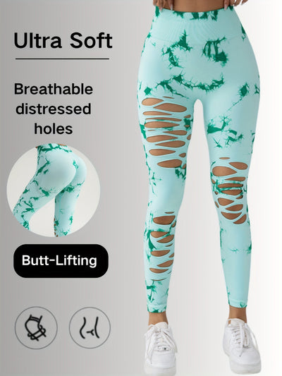 Women's high-waisted yoga leggings with mint green tie-dye and hollow-out breathable design for flexible movement and tummy control