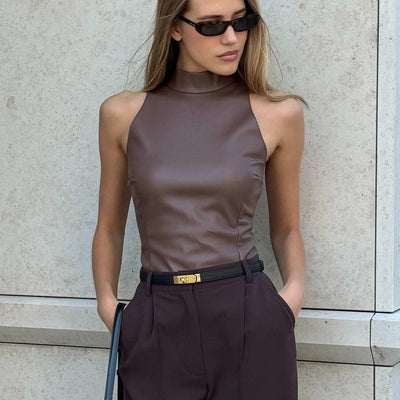 PU Leather Slim-fit Half Turtleneck Sleeveless Vest in Brown