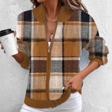 Women's woolen jacket with large plaid pattern in autumn colors, medium thickness, and elegant style.