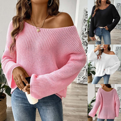 Women's simple loose off-the-shoulder flared sleeves sweater in pink, black, and white colors.